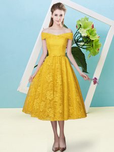 Charming Gold Empire Bowknot Quinceanera Court of Honor Dress Lace Up Lace Cap Sleeves Tea Length