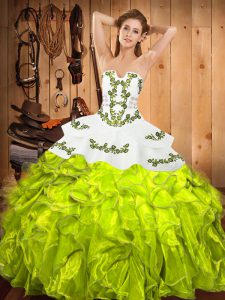 Exquisite Yellow Green Satin and Organza Lace Up Strapless Sleeveless Floor Length Sweet 16 Quinceanera Dress Embroidery and Ruffles