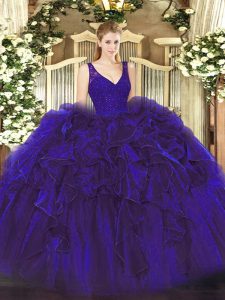 Floor Length Backless Sweet 16 Quinceanera Dress Purple for Military Ball and Sweet 16 and Quinceanera with Beading and Lace and Ruffles