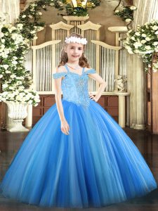 Baby Blue Tulle Lace Up Child Pageant Dress Sleeveless Floor Length Beading