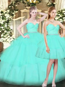 Tulle Sweetheart Sleeveless Lace Up Ruching Ball Gown Prom Dress in Aqua Blue