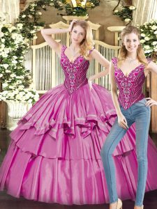V-neck Sleeveless Organza Vestidos de Quinceanera Beading and Ruffled Layers Lace Up