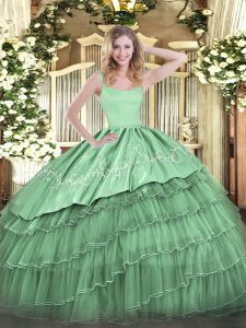 Admirable Floor Length Green Sweet 16 Quinceanera Dress Organza Sleeveless Embroidery and Ruffled Layers