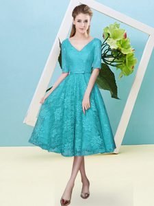 Inexpensive Bowknot Court Dresses for Sweet 16 Teal Lace Up Half Sleeves Tea Length