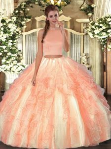 New Arrival Orange Red Backless Halter Top Beading and Ruffles Quinceanera Gowns Organza Sleeveless