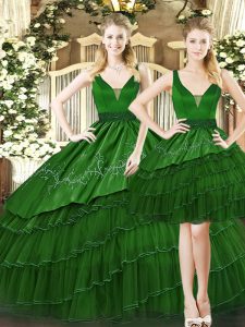 Flare Dark Green Straps Lace Up Beading and Ruffled Layers Ball Gown Prom Dress Sleeveless