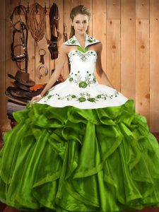 Embroidery and Ruffles Sweet 16 Dresses Olive Green Lace Up Sleeveless Floor Length