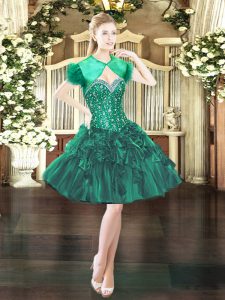 Artistic Sleeveless Organza Mini Length Lace Up Prom Evening Gown in Dark Green with Beading and Ruffles