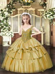 Floor Length Gold Pageant Dress for Girls V-neck Sleeveless Lace Up