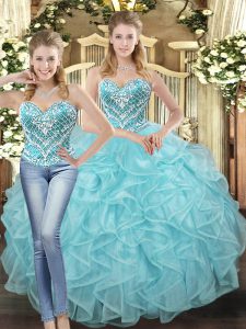 Smart Floor Length Lace Up Sweet 16 Quinceanera Dress Baby Blue for Military Ball and Sweet 16 and Quinceanera with Beading and Ruffles