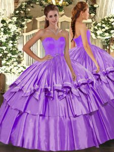 Stunning Floor Length Lace Up 15th Birthday Dress Lilac for Military Ball and Sweet 16 and Quinceanera with Beading and Ruffled Layers