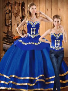 Blue Ball Gowns Satin and Tulle Sweetheart Long Sleeves Embroidery Floor Length Lace Up Ball Gown Prom Dress