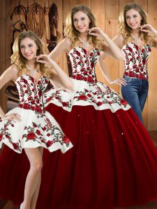 Wine Red Sleeveless Floor Length Embroidery Lace Up Vestidos de Quinceanera