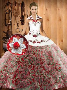 Discount Halter Top Sleeveless Quinceanera Gowns Sweep Train Embroidery Multi-color Fabric With Rolling Flowers
