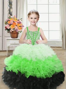 Latest Multi-color Kids Formal Wear Sweet 16 and Quinceanera with Beading and Ruffles Straps Sleeveless Lace Up