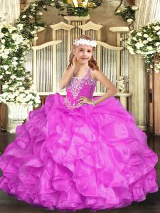 Fantastic Sleeveless Organza Floor Length Lace Up Pageant Dress for Teens in Lilac with Beading and Ruffles