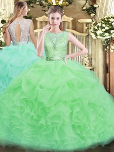 Scoop Sleeveless Ball Gown Prom Dress Floor Length Lace and Ruffles Organza