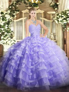 Low Price Lavender Sleeveless Organza Lace Up Quince Ball Gowns for Military Ball and Sweet 16 and Quinceanera