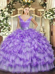 Fine Organza V-neck Sleeveless Zipper Ruffled Layers Quinceanera Gowns in Lavender
