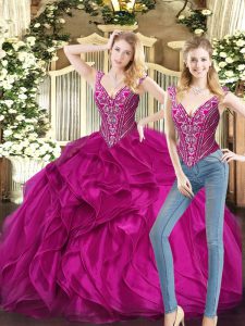Floor Length Fuchsia 15th Birthday Dress Organza Sleeveless Ruffles
