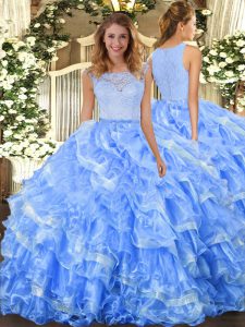Light Blue Scoop Neckline Lace and Ruffled Layers Quinceanera Dresses Sleeveless Clasp Handle