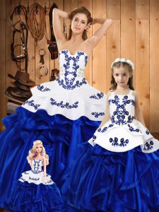 Custom Made Sleeveless Organza Floor Length Lace Up Quince Ball Gowns in Blue with Embroidery and Ruffles