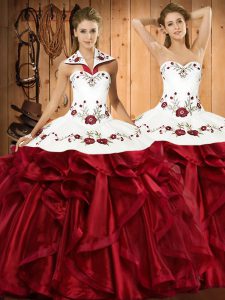 Halter Top Sleeveless Organza Ball Gown Prom Dress Embroidery and Ruffles Lace Up