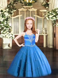 Hot Sale Baby Blue Ball Gowns Spaghetti Straps Sleeveless Tulle Floor Length Lace Up Beading Pageant Gowns For Girls