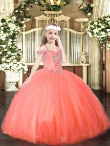 Enchanting Floor Length Coral Red Girls Pageant Dresses Tulle Sleeveless Beading