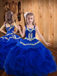 Royal Blue Ball Gowns Embroidery Winning Pageant Gowns Lace Up Organza Sleeveless Floor Length