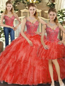 Beading and Ruffles Quinceanera Dresses Red Lace Up Sleeveless Floor Length