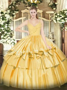 Custom Made Gold Taffeta Zipper Sweet 16 Dresses Sleeveless Floor Length Ruffled Layers