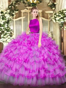Ball Gowns Sweet 16 Quinceanera Dress Fuchsia Scoop Organza Sleeveless Floor Length Clasp Handle
