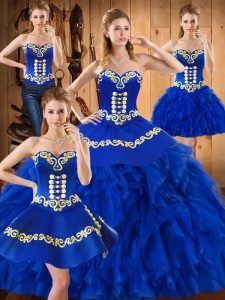 Blue Sweetheart Lace Up Embroidery and Ruffles 15 Quinceanera Dress Sleeveless
