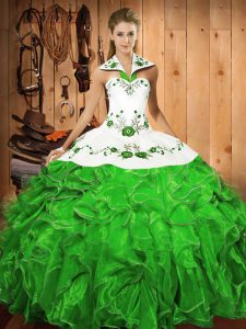 Sexy Green Ball Gowns Satin and Organza Halter Top Sleeveless Embroidery and Ruffles Floor Length Lace Up Sweet 16 Dress