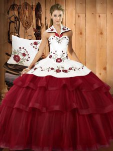 Sleeveless Satin and Organza With Train Sweep Train Lace Up Sweet 16 Dress in Wine Red with Embroidery and Ruffled Layers