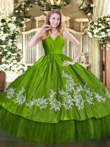 Olive Green Zipper V-neck Embroidery Quince Ball Gowns Satin and Tulle Sleeveless