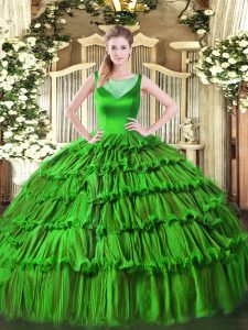 Green Organza Side Zipper Scoop Sleeveless Floor Length Sweet 16 Dress Beading and Ruffled Layers