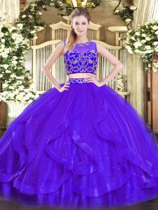 Enchanting Sleeveless Tulle Floor Length Zipper Quinceanera Dresses in Purple with Beading and Ruffles