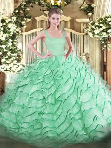 Superior Sleeveless Organza Brush Train Zipper 15th Birthday Dress in Apple Green with Ruffled Layers