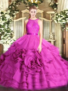 Fuchsia Sleeveless Fabric With Rolling Flowers Zipper Quinceanera Gown for Military Ball and Sweet 16 and Quinceanera