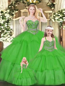 Green Organza Lace Up Quinceanera Dresses Sleeveless Floor Length Beading and Ruffled Layers