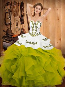 Olive Green Ball Gowns Satin and Organza Strapless Sleeveless Embroidery and Ruffles Floor Length Lace Up Quinceanera Dresses