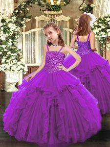 Fashion Sleeveless Floor Length Beading and Ruffles Lace Up Girls Pageant Dresses with Purple