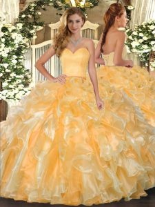 Best Selling Gold Ball Gowns Organza Sweetheart Sleeveless Beading and Ruffles Floor Length Lace Up Quinceanera Gowns