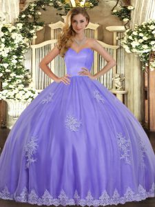 Beautiful Lavender Ball Gowns Sweetheart Sleeveless Tulle Floor Length Lace Up Beading and Appliques Sweet 16 Dress