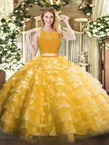 Trendy Floor Length Zipper 15 Quinceanera Dress Gold for Military Ball and Sweet 16 and Quinceanera with Lace and Ruffled Layers