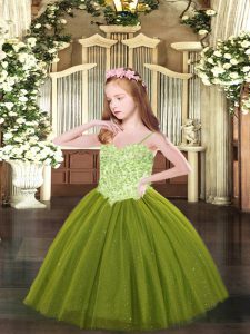 Hot Selling Olive Green Lace Up Spaghetti Straps Appliques Glitz Pageant Dress Tulle Sleeveless
