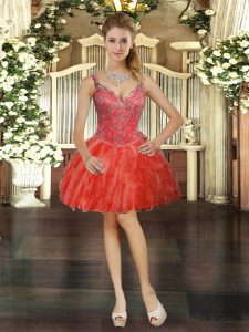 Red V-neck Neckline Beading and Ruffles Prom Dresses Sleeveless Lace Up