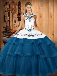 Great Blue Ball Gowns Organza Halter Top Sleeveless Embroidery and Ruffled Layers Lace Up 15th Birthday Dress Sweep Train